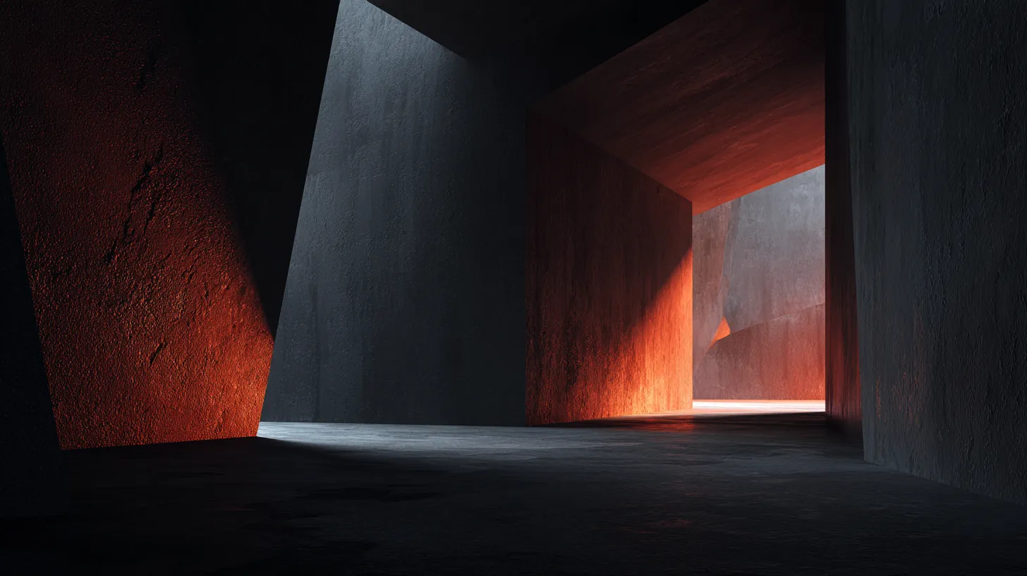 Concrete corridor lit by a warm amber glow at the far end