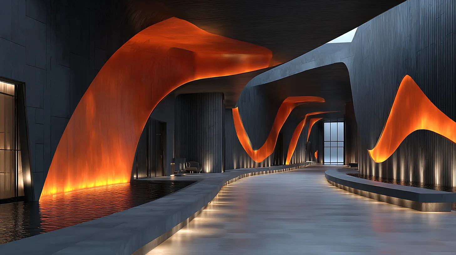 Sculpted gallery hallway with glowing orange arches reflected in a polished floor