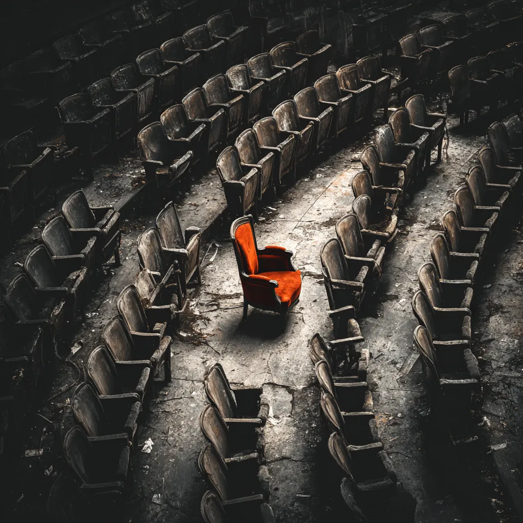 Rows of weathered theater seats with one bright orange seat