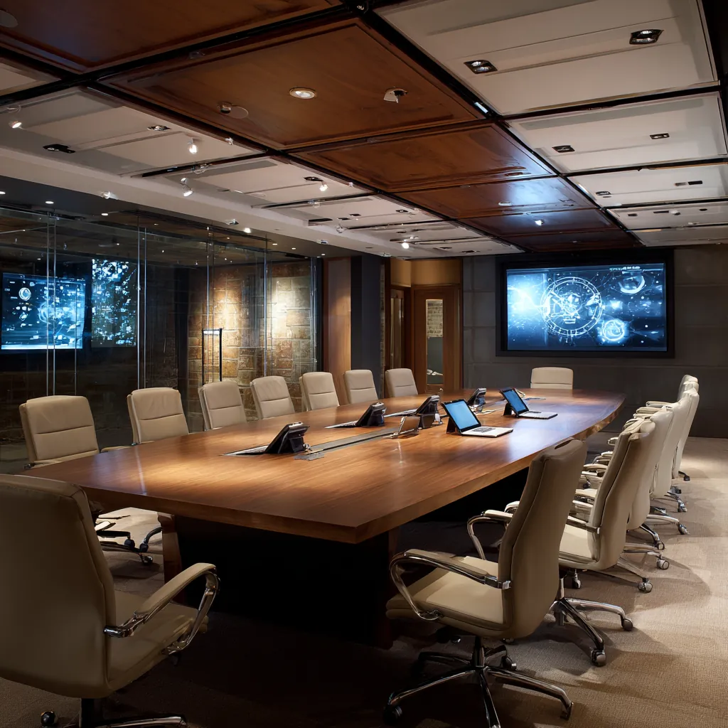 Executive boardroom with a long wood table, microphones and dual wall displays