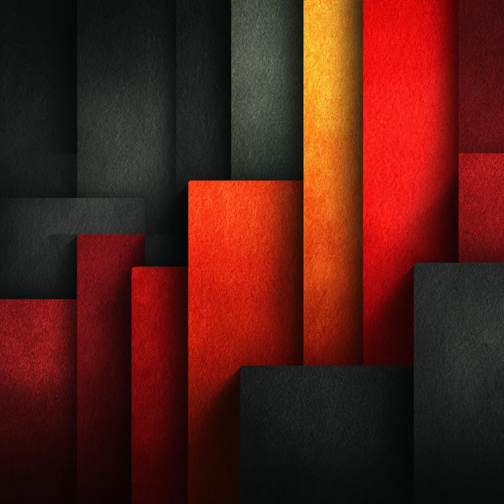 Layered acoustic wall panels in red, orange, grey and black