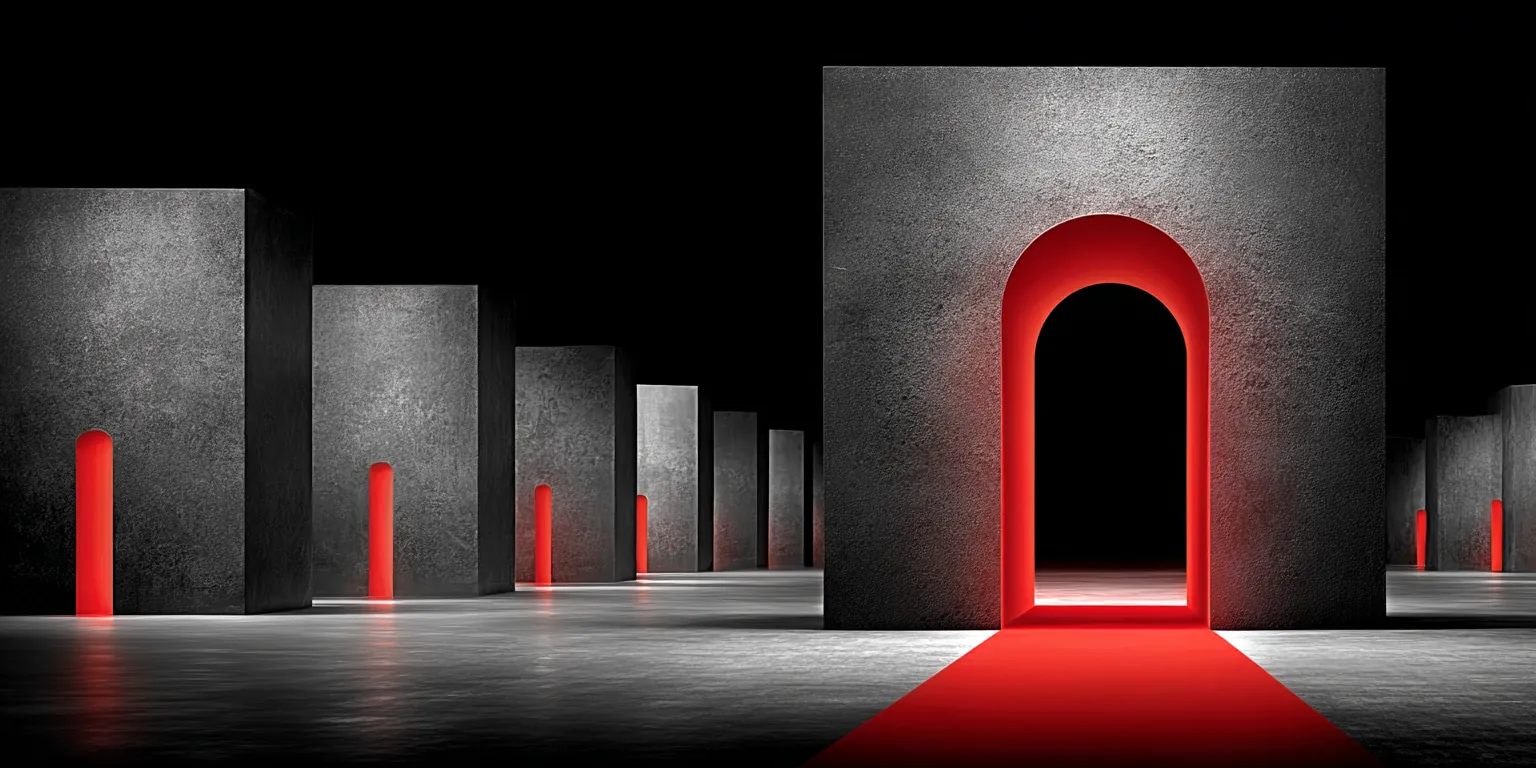 Grey concrete gallery with a red-lit arched doorway and red carpet