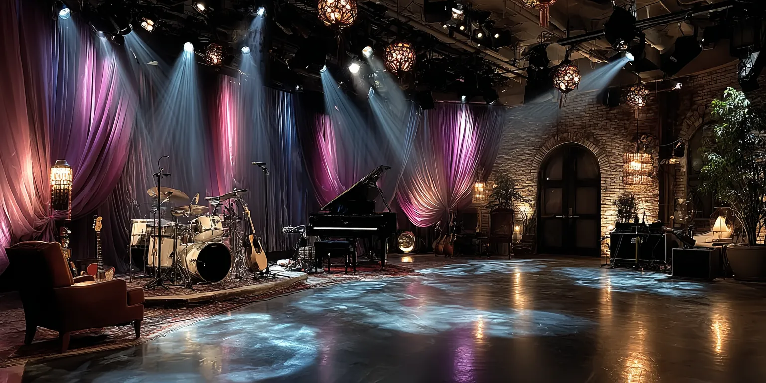 Concert stage with drum kit, grand piano, draped curtains and colored stage lighting