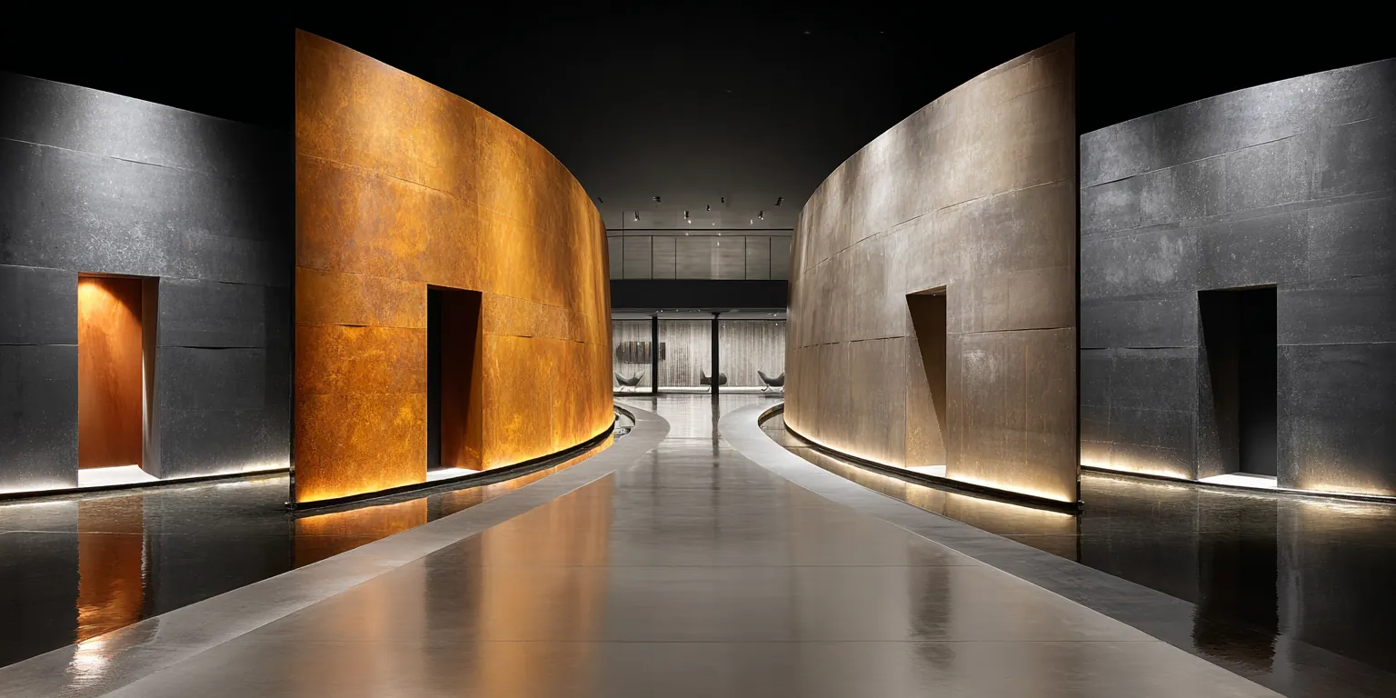 Curved bronze and charcoal wall panels along a lit gallery corridor
